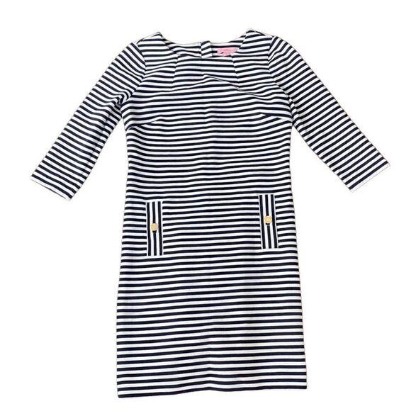 Lilly Pulitzer Charlene Mini Shift Dress Size Small Navy Stripe 3/4 Sleeves - Picture 2 of 7